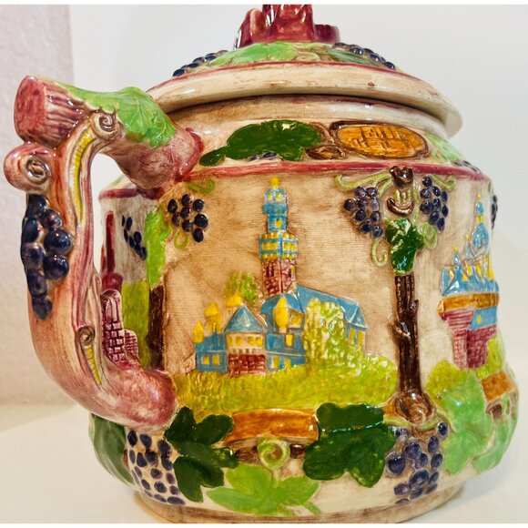 Vtg German Hand-Painted Ceramic Punch bowl SoupTureen Lid Castle Grapes Rhine - Picture 3 of 8